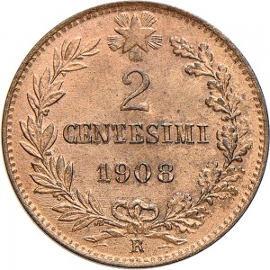 1552R 2 centesimi 1908 Valore entro semicorona di alloro e quercia Roma Rame