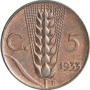 1543R 5 centesimi 1933 Spiga 2° tipo Roma Rame