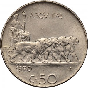 1450R 50 centesimi 1920 Giustizia su quadriga di leoni Roma Nichelio