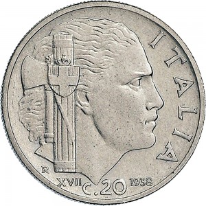 1646R 20 centesimi 1938 XVII Italia fascista 1° tipo Roma Nichelio