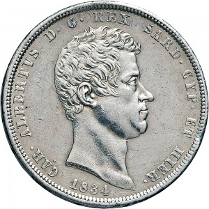 948D 5 lire 1834 Scudo sannitico 3° tipo Torino Argento