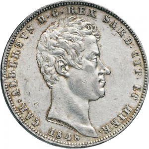 969D 5 lire 1848 Scudo sannitico 4° tipo Genova Argento
