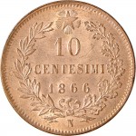 1215R 10 Centesimi 1866 Valore entro semicorona di alloro e quercia 2° tipo Napoli Rame
