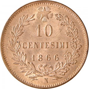 1215R 10 Centesimi 1866 Valore entro semicorona di alloro e quercia 2° tipo Napoli Rame