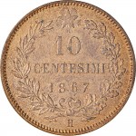 1219R 10 Centesimi 1867 Valore entro semicorona di alloro e quercia 2° tipo Birmingham Rame