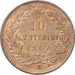 1222R 10 Centesimi 1867 Valore entro semicorona di alloro e quercia 2° tipo Napoli Rame