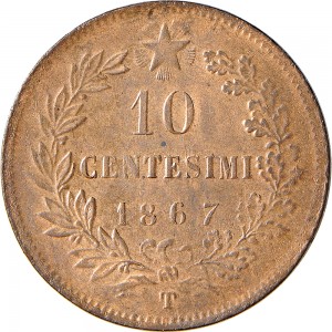 1224R 10 Centesimi 1867 Valore entro semicorona di alloro e quercia 2° tipo Torino Rame