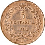 1225R 5 centesimi 1861 Valore entro semicorona di alloro e quercia Bologna Rame