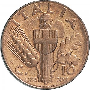 1659R 10 Centesimi 1938 XVI Scudo semirotondo 1° tipo Roma Rame