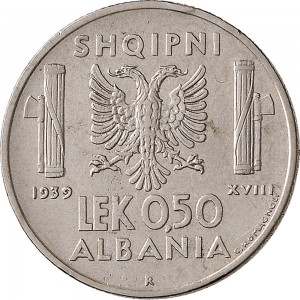 1745R 0,50 lek 1939 XVIII Aquila bicipite Roma Acmonital